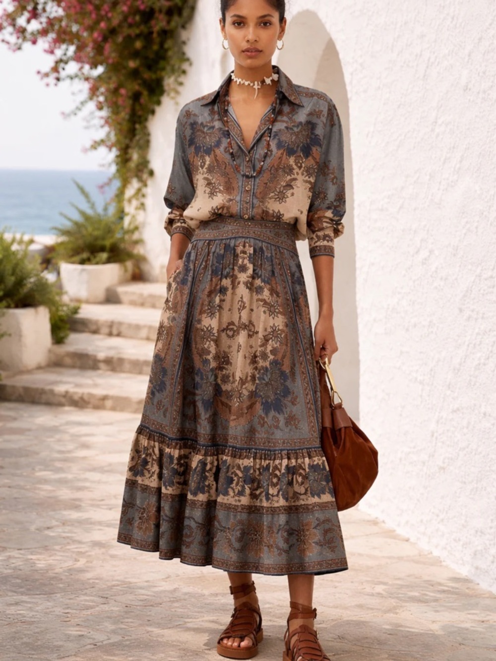 Boho Floral set Maxi Skirt in and a top Beige and Blue